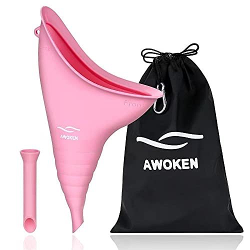 AWOKEN Female Urination Device for Women, Reusable Silicone Female Urinal for Women Standing Up Pee Funnel, Female Urinal with Drawstring Bags for Travel and Outdoor Camping (Pink)