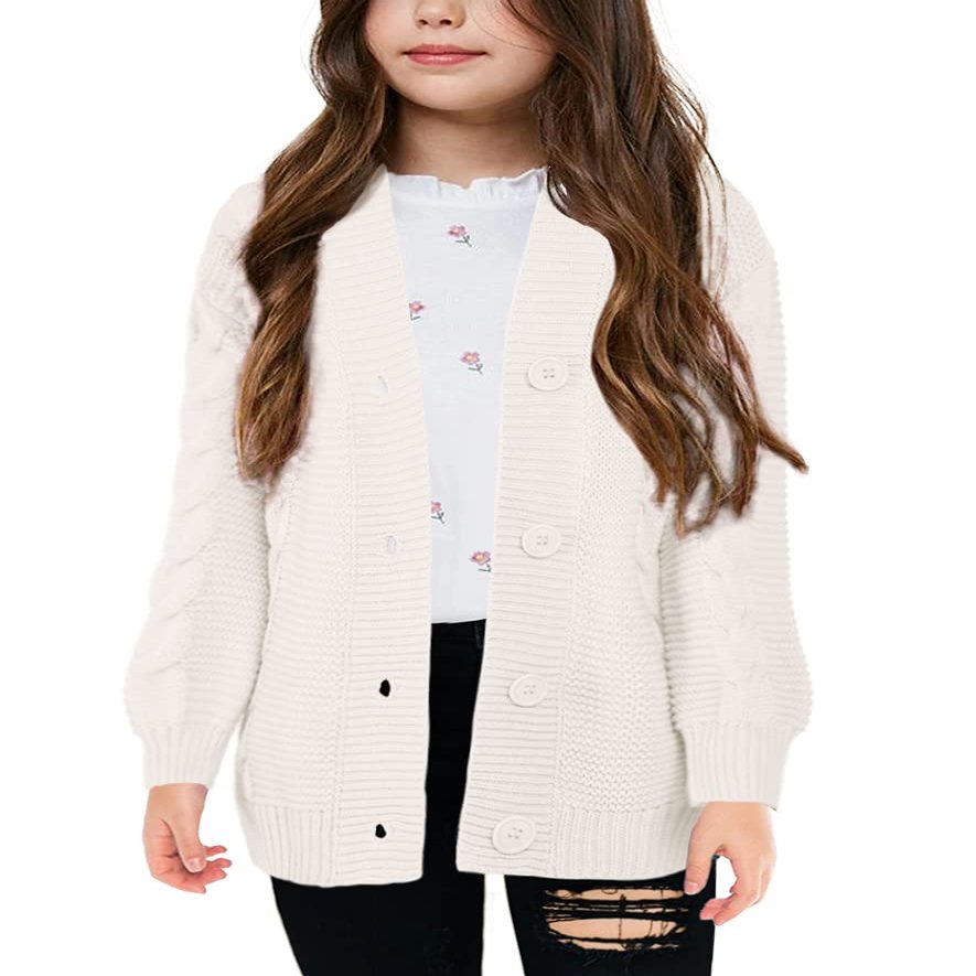 Apbondy Girls Cable Knit Cardigans Button Down Long Sleeve Chunky Sweater Outerwear White