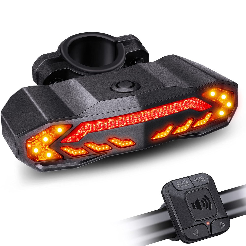 ONVIAN Smart Bike Tail Light with Turn Signals, Bike Alarm with Remote Bicycle Horn, Rechargeable Rear Bicycle Light, Waterproof Auto ON/Off Bicycle Lights