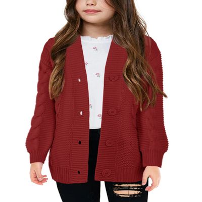 Apbondy Girls Cable Knit Cardigans Button Down Long Sleeve Chunky Sweater Outerwear Red