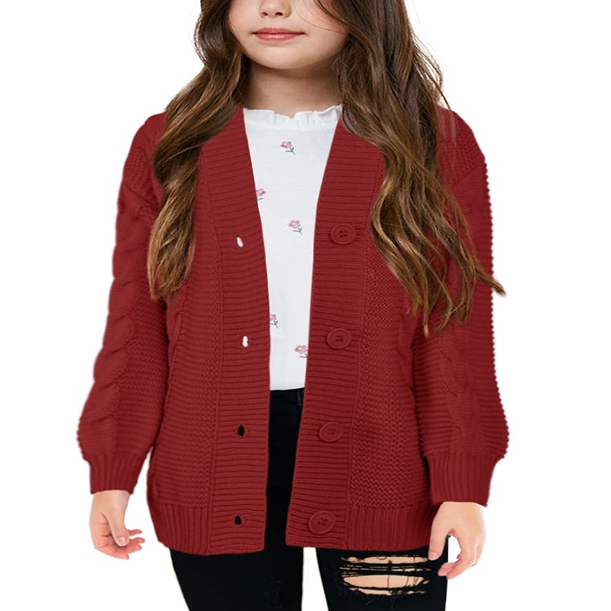 Apbondy Girls Cable Knit Cardigans Button Down Long Sleeve Chunky Sweater Outerwear Red
