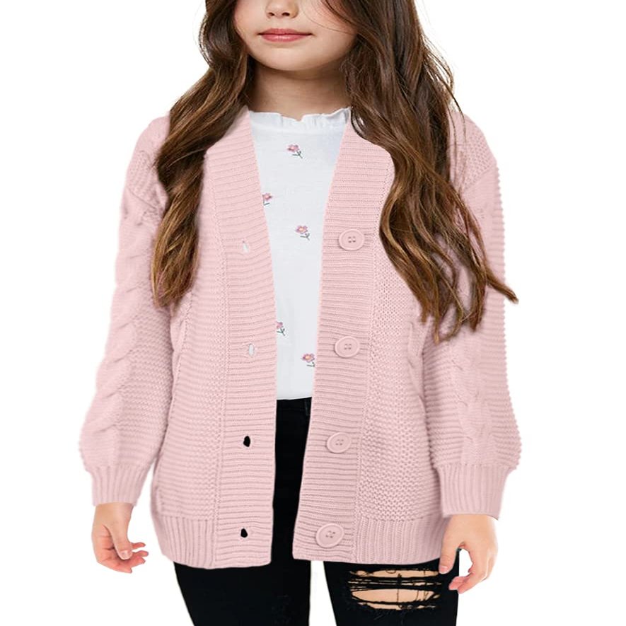 Apbondy Girls Cable Knit Cardigans Button Down Long Sleeve Chunky Sweater Outerwear Pink