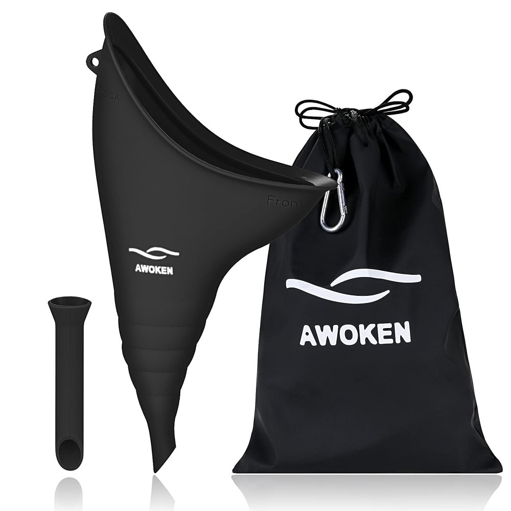 AWOKEN Female Urination Device, Reusable Silicone Female Urinal for Women Standing Up Pee Funnel, Female Urinal with Drawstring Bags for Travel and Outdoor Camping (Black)
