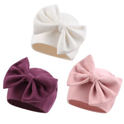 Bamery Newborn Baby Girl Hat Cotton Baby Bow Beanie Preemie Hats Spring Infant Hats for Girls 0-12 Months (Skin Pink+Deep Purple+White, 0-6 Months)