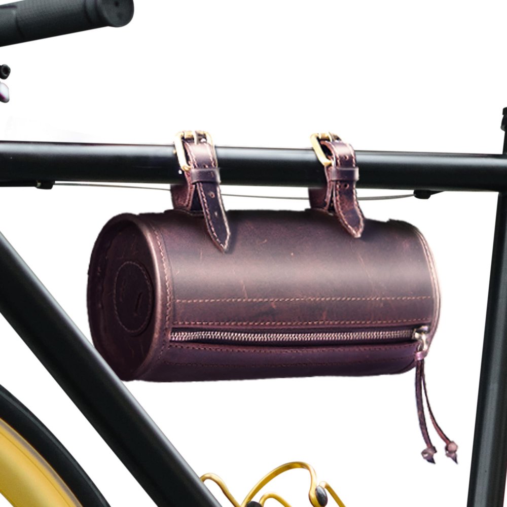 RAW HYD Full-Grain Leather Handlebar Bag for Bicycles & Motorcycles Vintage-Style Bike Tool Pouch with Multi-Mount Straps - Compact Storage Accessory for Daily Riders & Touring