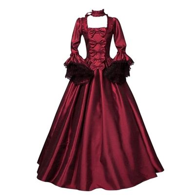 HFU Women's Renaissance Medieval Floor Lace Ball Gown Over Long Dresses Party Gothic Queen Masquerade Costume (28# Red, XL)