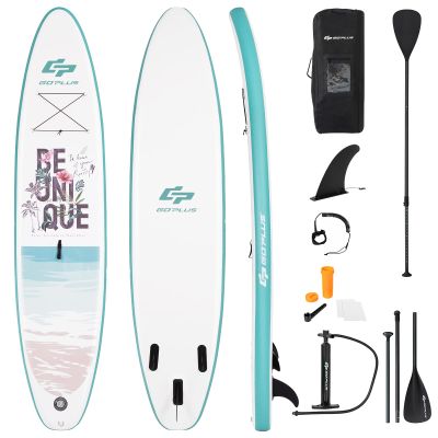 Goplus Inflatable Stand up Paddle Board, 6" Thick SUP with Premium Accessories, Adjustable Aluminum Paddle, Leash, Carry Bag, Hand Pump, Removable Fin (White+Green, 11 FT)