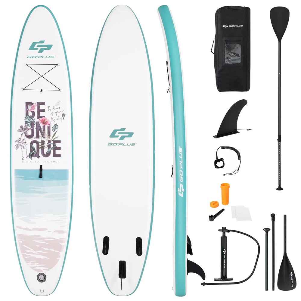 Goplus Inflatable Stand up Paddle Board, 6" Thick SUP with Premium Accessories, Adjustable Aluminum Paddle, Leash, Carry Bag, Hand Pump, Removable Fin (White+Green, 11 FT)