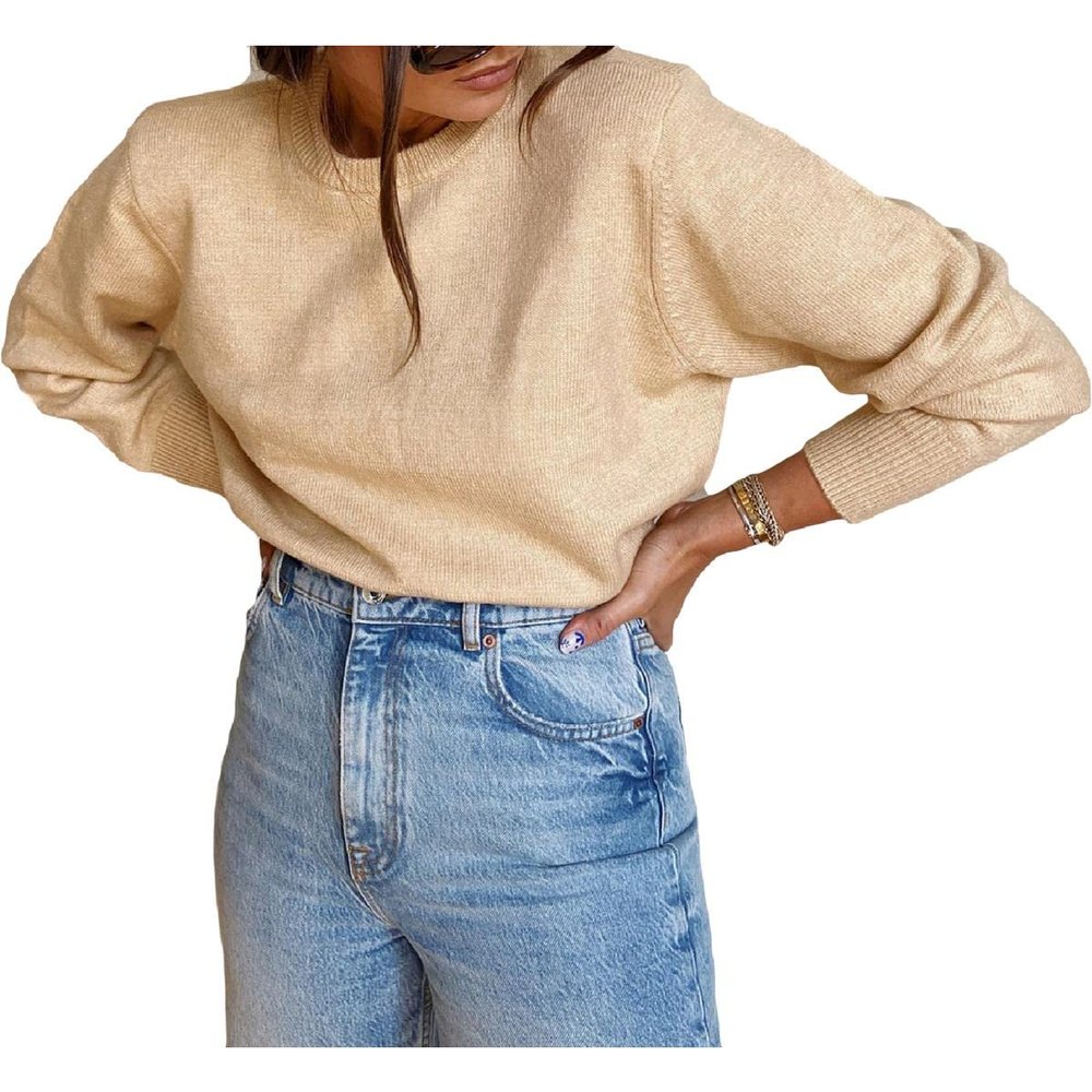 Danielle Bernstein Womens Crewneck Cropped Pullover Sweater Tan L