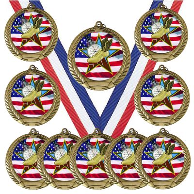10 Pack of USA American Flag Theme Track Gold Medals Trophy Award with Red White Blue Neck Ribbons