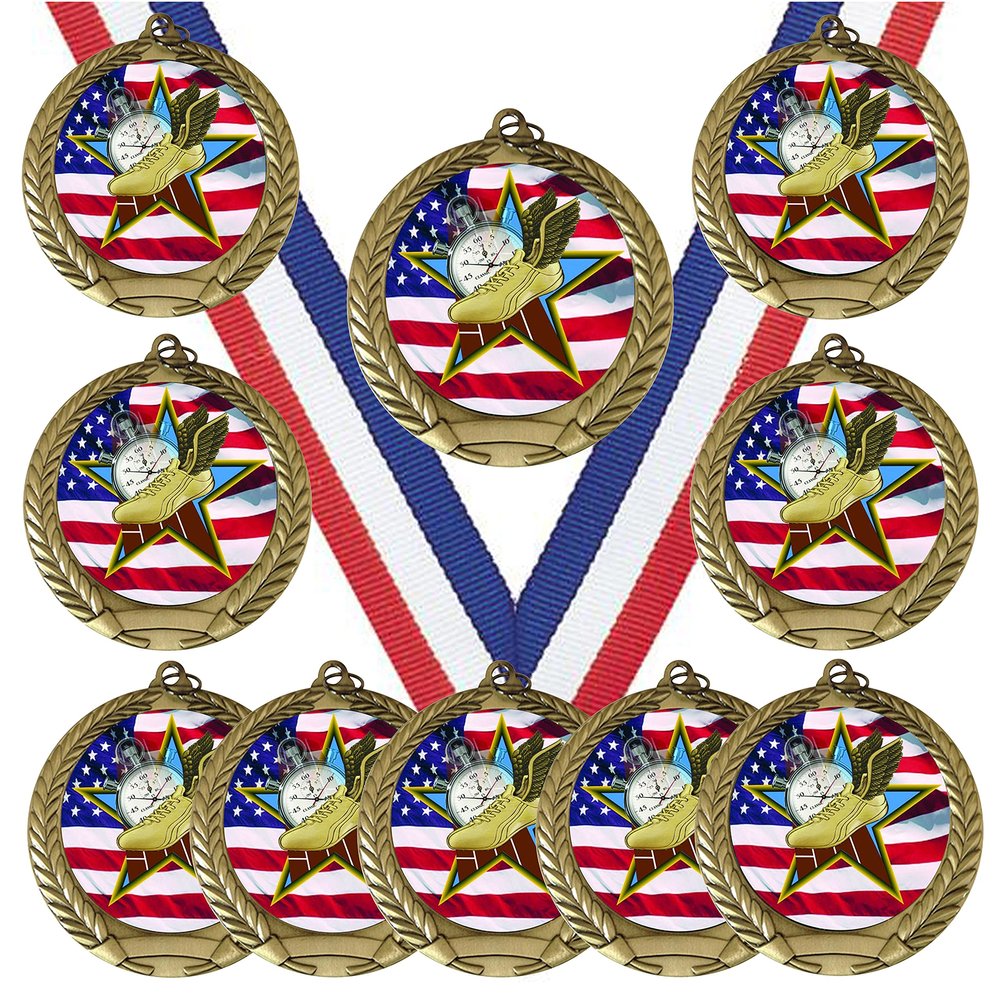 10 Pack of USA American Flag Theme Track Gold Medals Trophy Award with Red White Blue Neck Ribbons