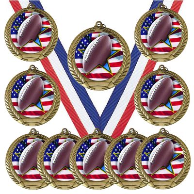 10 Pack of USA American Flag Theme Football Gold Medals Trophy Award with Red White Blue Neck Ribbons