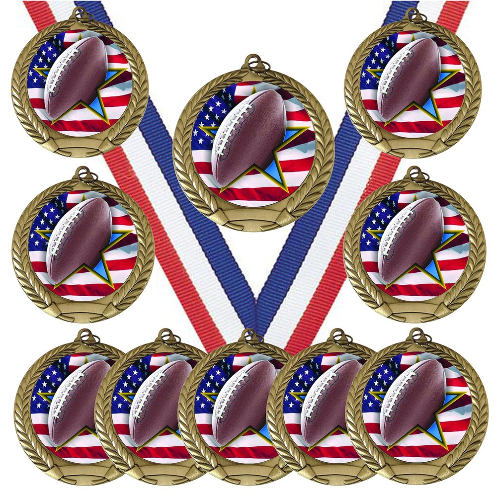 10 Pack of USA American Flag Theme Football Gold Medals Trophy Award with Red White Blue Neck Ribbons