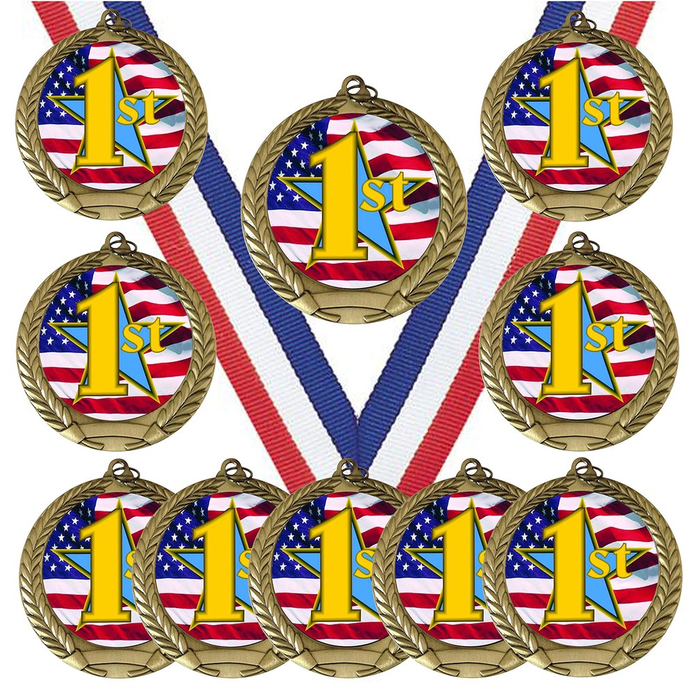 10 Pack of USA American Flag Theme 1st Place First Gold Medals Trophy Award with Red White Blue Neck Ribbons