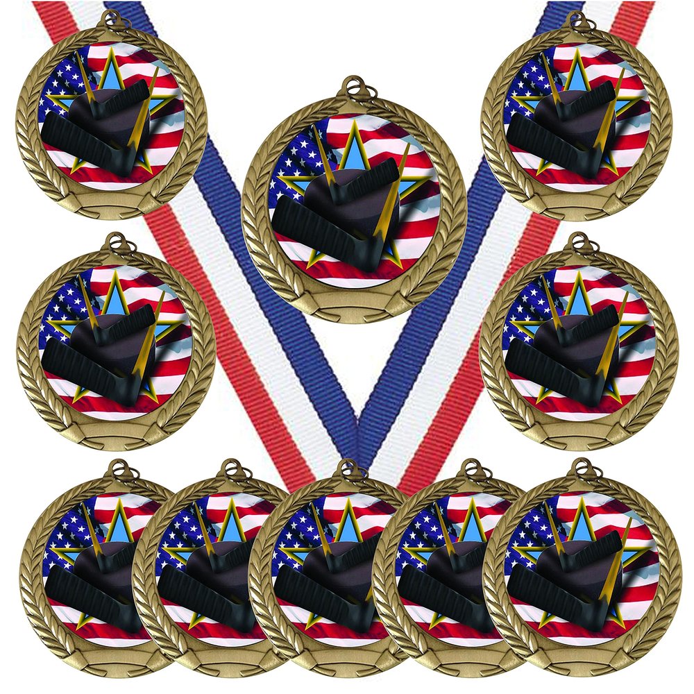10 Pack of USA American Flag Theme Ice Hockey Gold Medals Trophy Award with Red White Blue Neck Ribbons
