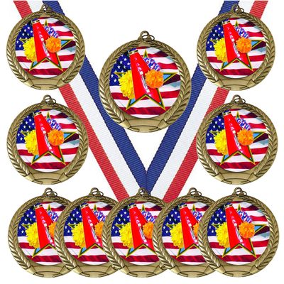 10 Pack of USA American Flag Theme Cheerleading Cheerleader Gold Medals Trophy Award with Red White Blue Neck Ribbons