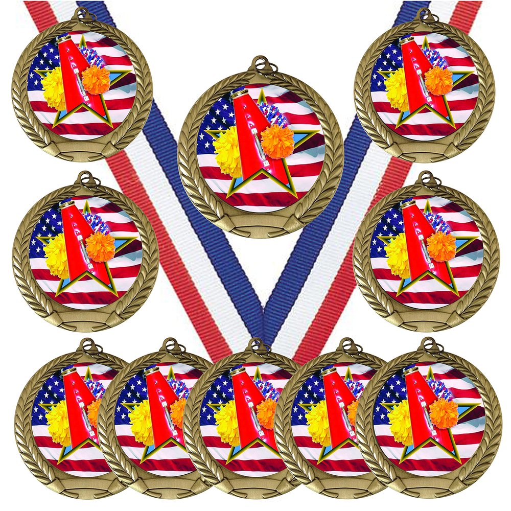 10 Pack of USA American Flag Theme Cheerleading Cheerleader Gold Medals Trophy Award with Red White Blue Neck Ribbons