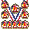 10 Pack of USA American Flag Theme Cheerleading Cheerleader Gold Medals Trophy Award with Red White Blue Neck Ribbons view 1