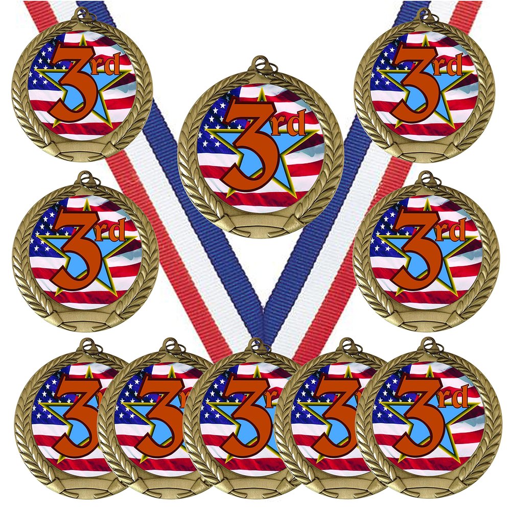 10 Pack of USA American Flag Theme 3rd Place Third Gold Medals Trophy Award with Red White Blue Neck Ribbons