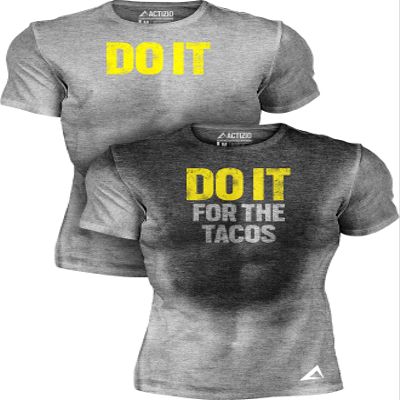 Actizio Men's Workout Shirt Cotton Fabric T-Shirt Short Sleeve Sweat Activated Motivational Exercise Gym Athletic Fit Moisture Wicking Fitness Shirt - Do It for The Tacos (Size Large) Grey