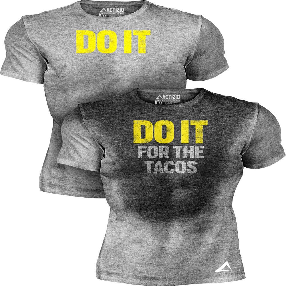 Actizio Men's Workout Shirt Cotton Fabric T-Shirt Short Sleeve Sweat Activated Motivational Exercise Gym Athletic Fit Moisture Wicking Fitness Shirt - Do It for The Tacos (Size Large) Grey