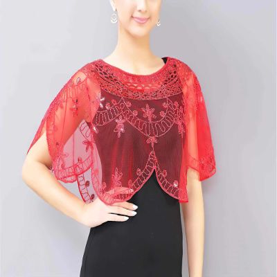 GMMDXD Net Yarn Sequins Small Shawl Dress Hedging Cloak Vest Short Sequins Outer Thin Section Female Prom Cape (Color : Scarlet)