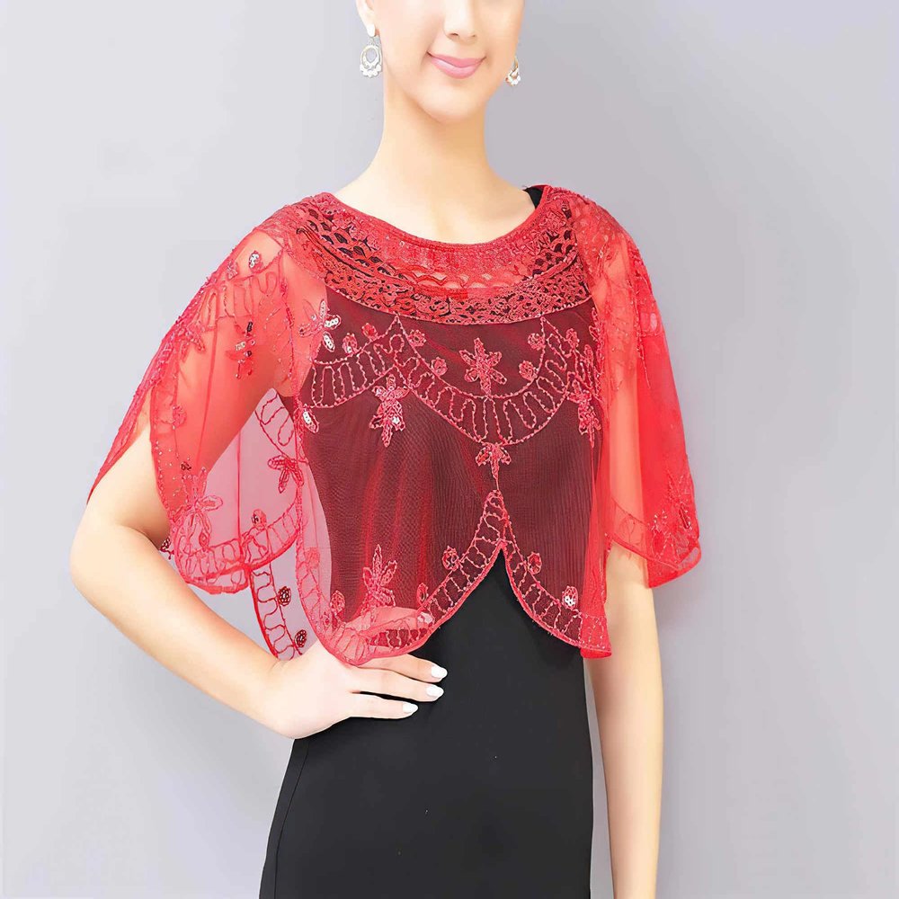 GMMDXD Net Yarn Sequins Small Shawl Dress Hedging Cloak Vest Short Sequins Outer Thin Section Female Prom Cape (Color : Scarlet)