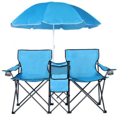 DOALBUN Double Portable Picnic Chair Folding Camping Chair W/Umbrella Table Beverage Holder Carrying Bag Cooler Fold Up Table for Patio Pool Park Outdoor Beach Camping Chair (Blue)