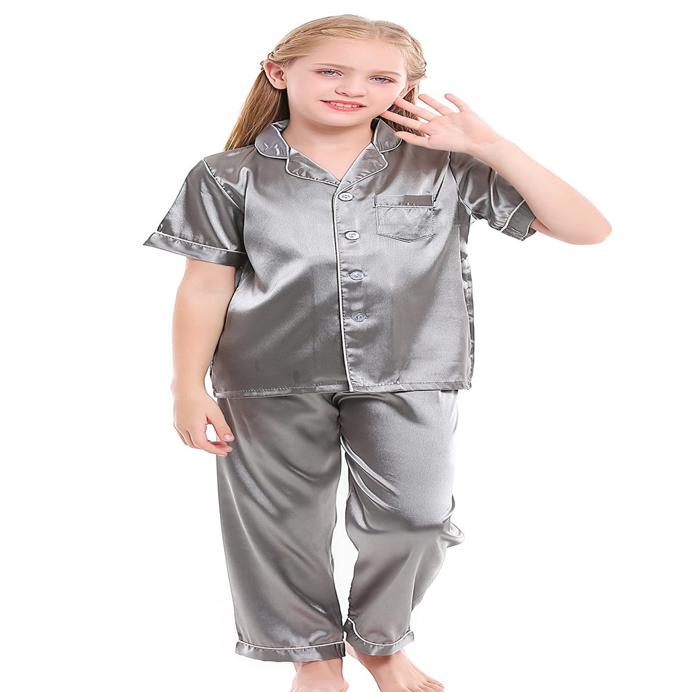 Horcute Kids Satin Short-Top and Long-Pants 2-Pieces Pajamas Sleepwears Set Gray 140# 6-7Y