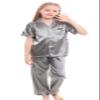 Horcute Kids Satin Short-Top and Long-Pants 2-Pieces Pajamas Sleepwears Set Gray 140# 6-7Y view 1