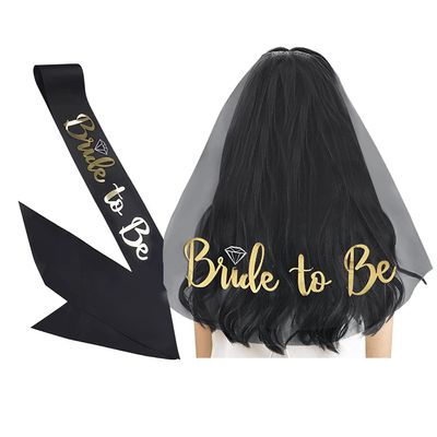 MioCloth Black Bridal Wedding Veil with Comb and Bride to Be Satin Sash, Bachelorette Party Decorations Supplies for Women Gold Letter