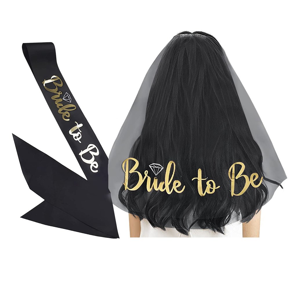 MioCloth Black Bridal Wedding Veil with Comb and Bride to Be Satin Sash, Bachelorette Party Decorations Supplies for Women Gold Letter