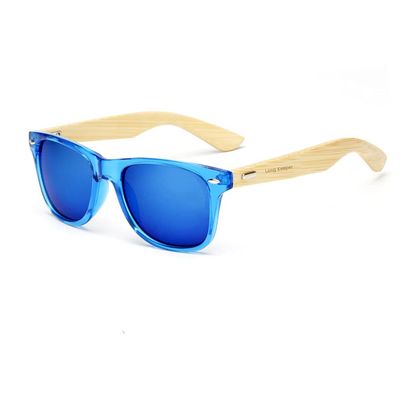 Long Keeper Bamboo Wood Arms Sunglasses for Women Men (Transparent Blue, Blue)