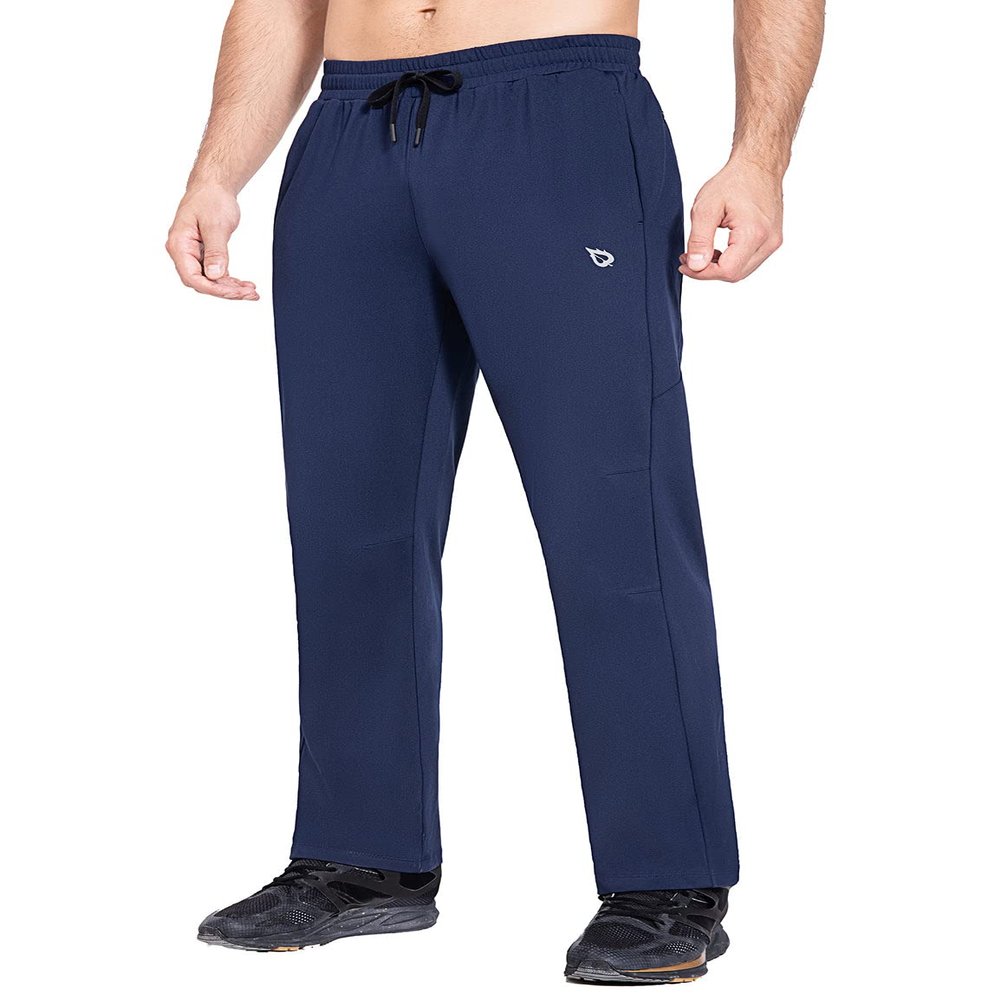 baleaf Men's Fleece Lined Pants Winter Athletic Workout Hiking Track Thermal Warm Open Bottom Sweatpants with Zipper Pockets Blue S