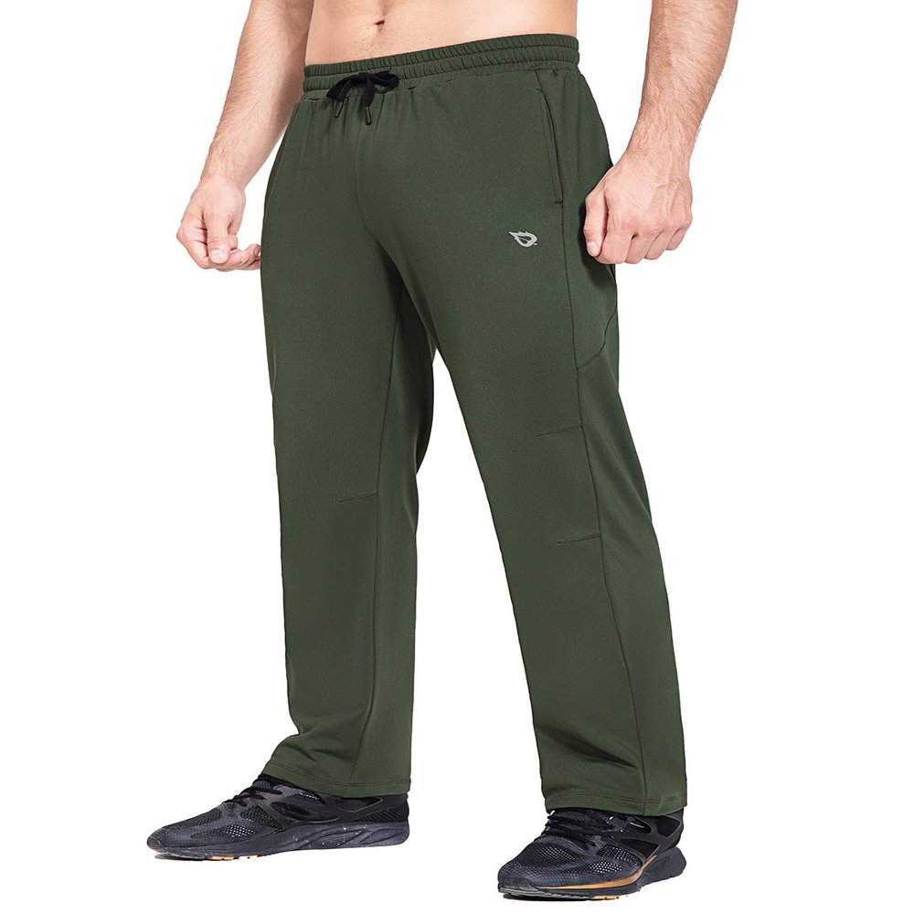 baleaf Mens Hiking Pants Waterproof Fleece Lined Pants with Zipper Pockets Open Bottom Sweats Athletic Track Thermal Warm Green M