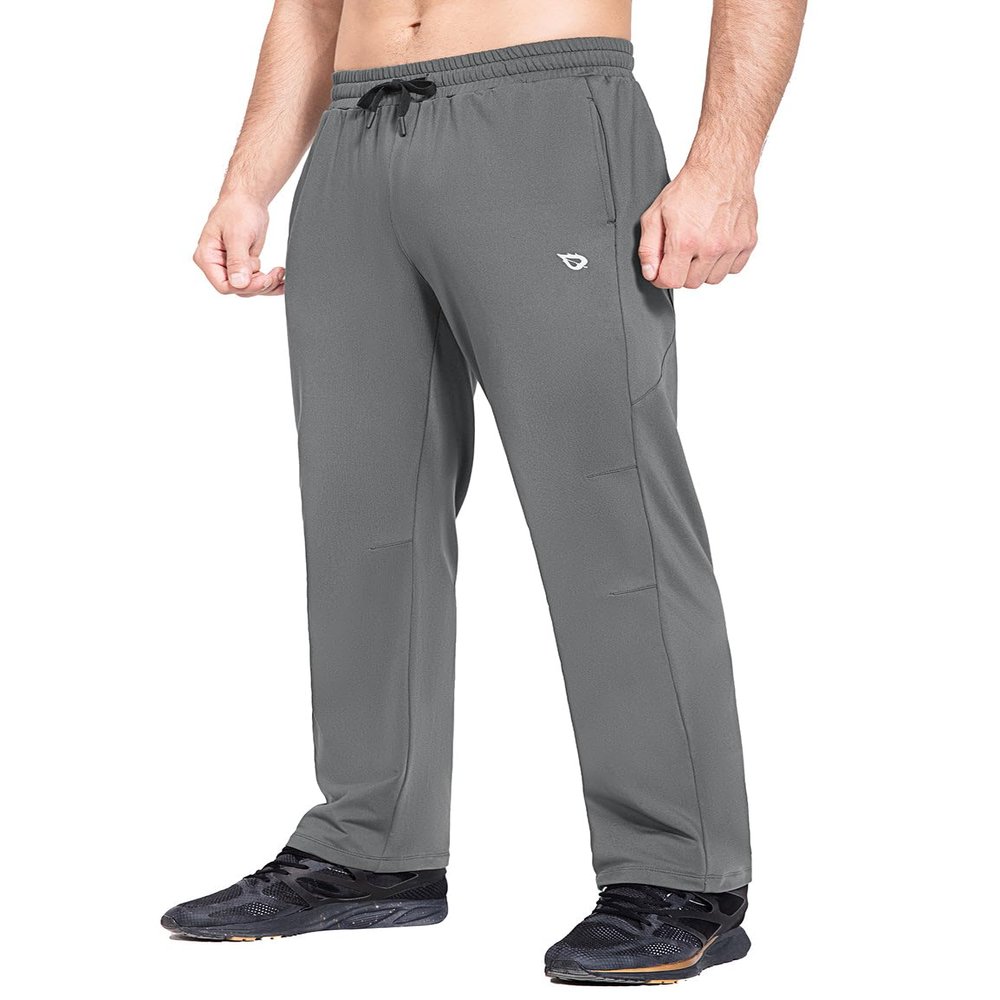baleaf Men's Fleece Lined Pants Winter Athletic Workout Hiking Track Thermal Warm Open Bottom Sweatpants with Zipper Pockets Grey S
