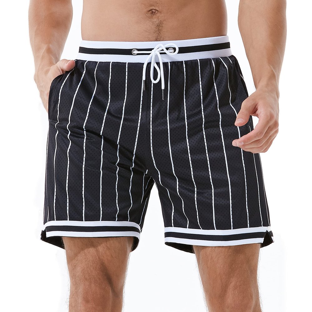 HEALONG Mens Retro Basketball Shorts: 5-7 Inch Inseam Heavyweight Pinstripe Style Double Layer Mesh with Deep Pockets - 90s Vintage Athletic Gym Casual - Black Stripes