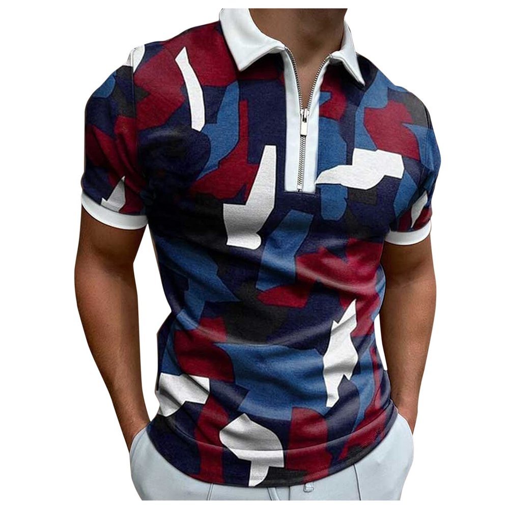 Maryia Classic Polo Shirts for Men Short Sleeve Zipper Casual Basic Twill Printed T-Shirts Workout Gym Golf Tee Tops, 5blue, Large