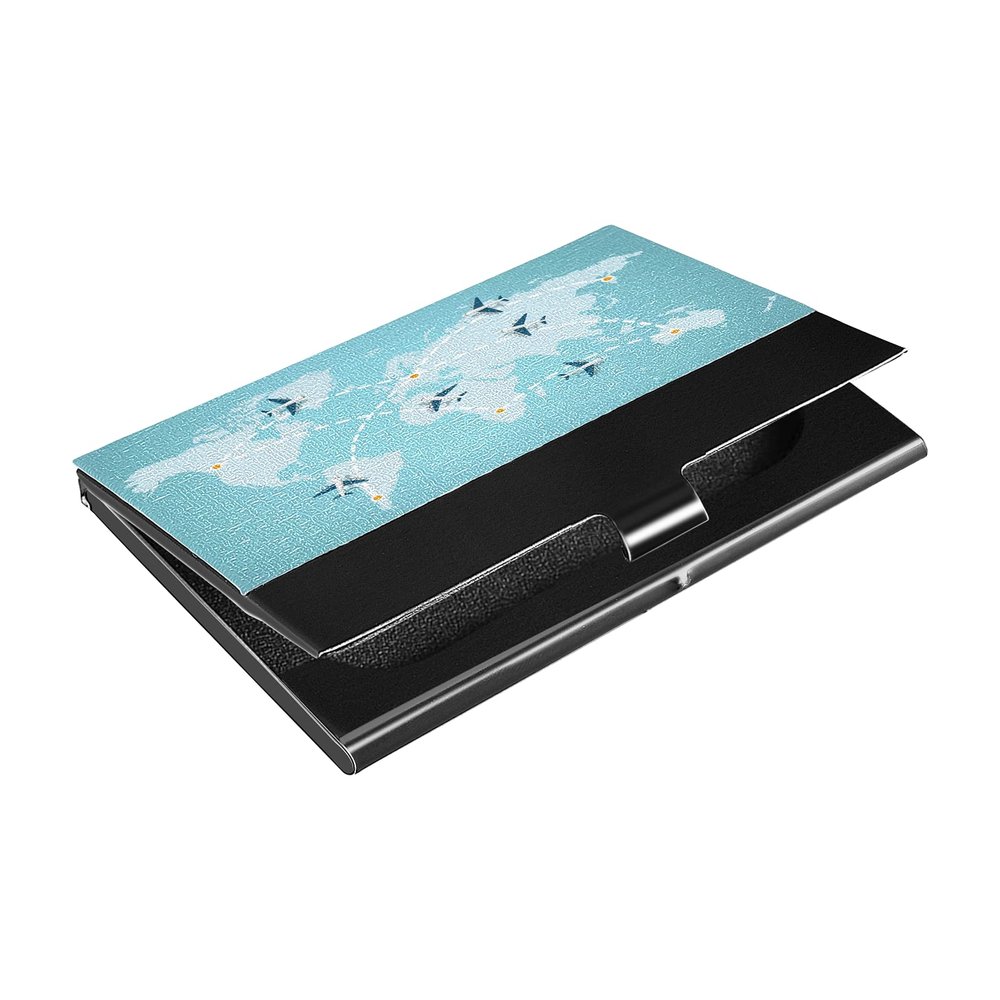 ALAZA World Map Airplanes Flying Business Card Holder Leather, Stainless Steel Slim Pocket Wallet Business Card Carrier Case Holder