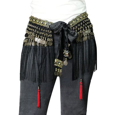 MISI CHAO Belly Dancing Hip Scarf - 2021 Tribal Coins Tassel Fringe Wraps Wraps Belts Skirt for Women/Girls (Black)