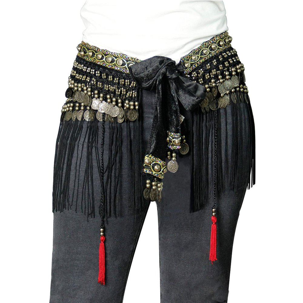 MISI CHAO Belly Dancing Hip Scarf - 2021 Tribal Coins Tassel Fringe Wraps Wraps Belts Skirt for Women/Girls (Black)