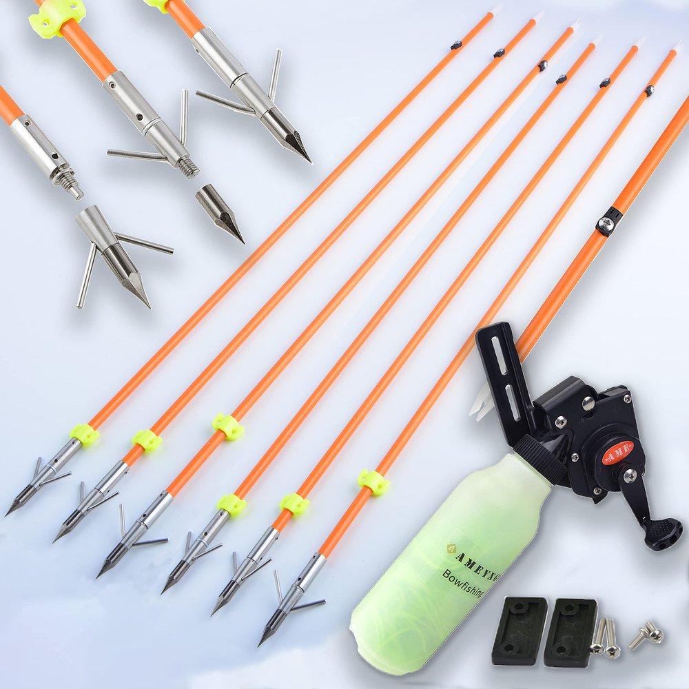 AMEYXGS Bowfishing Arrows Combo Kit with Reel 40m Fishing Rope Fiberglass Bow Fishing Arrows with Safety Slides for Compound Bow recurve Fishing Hunting (Type 1 Kit)