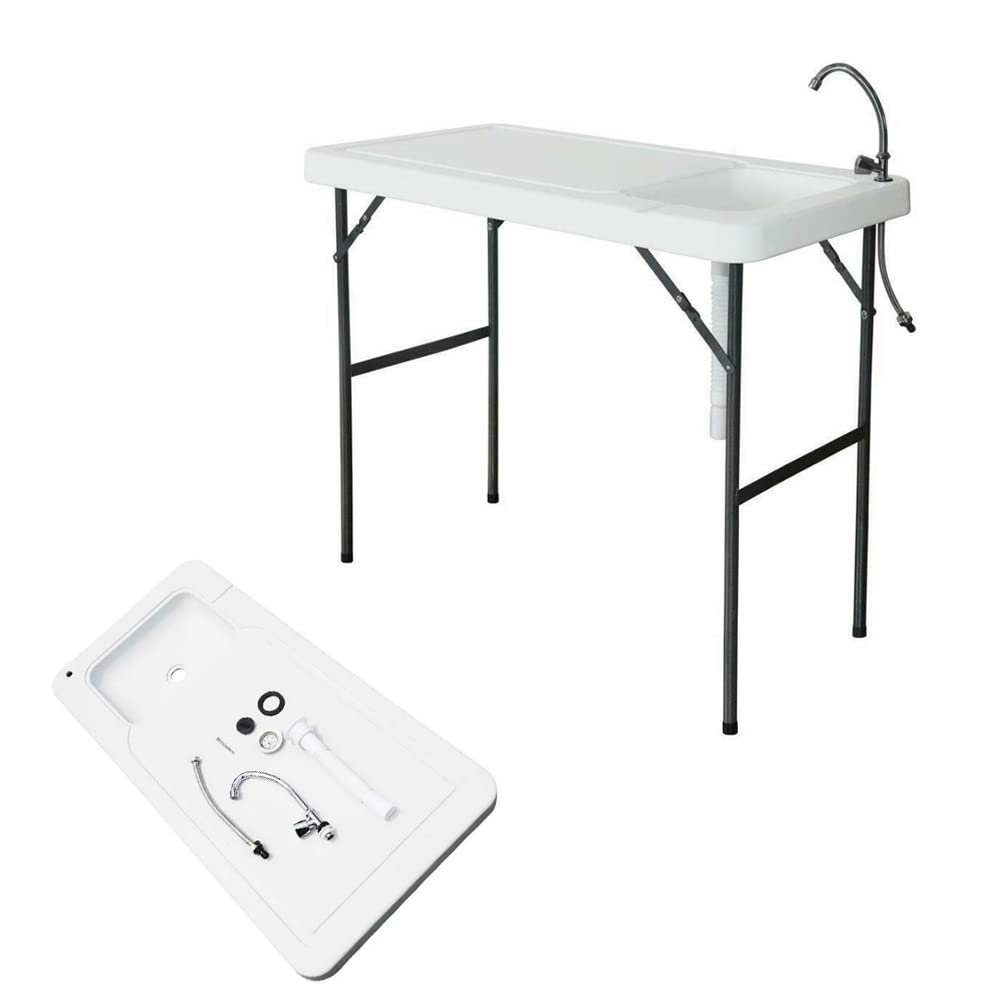 4-Foot Portable Fish Cleaning Table, Outdoor Folding Fish Cleaning and Game Table w/Sink, Camping Outdoor Folding Table Washing Station for Camping, Picnic and Garden