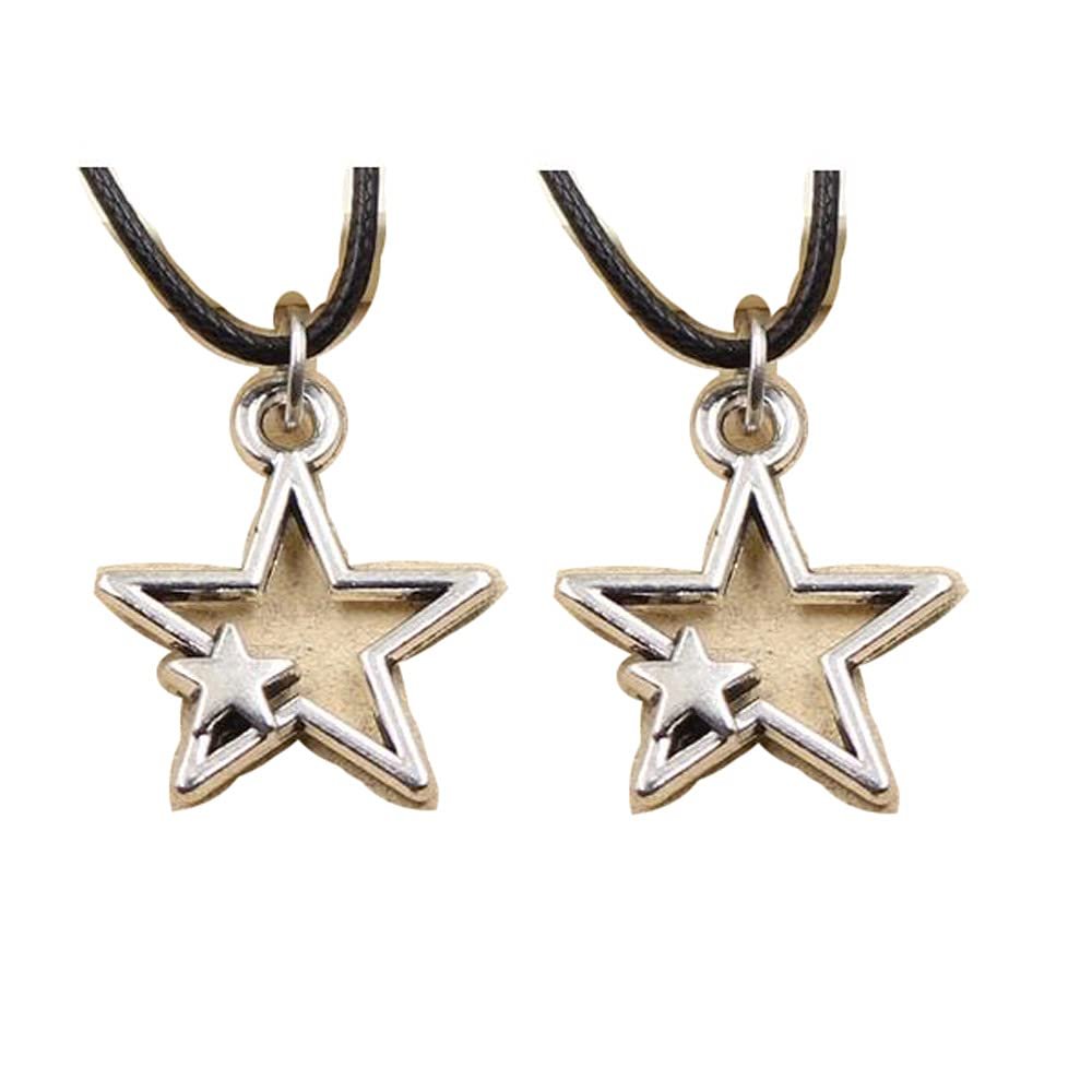 2Pcs Tibetan Hollow Double Star Pendant Necklace Choker Charm Black Leather Cord Handmade Jewelry