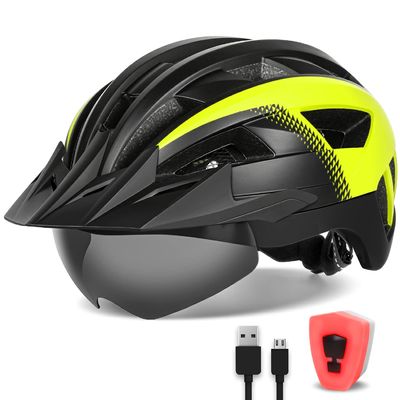 FUNWICT Adult Bike Helmet with Visor and Goggles for Men Women Mountain Road Bicycle Helmet Rechargeable Rear Light Cycling Helmet (L: 57-61 cm (22.4-24 inches), Black Yellow)