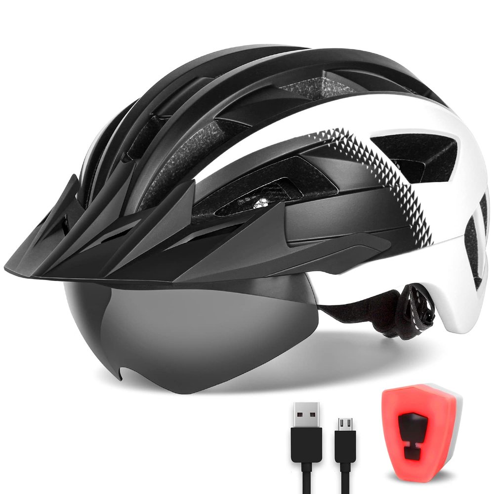 FUNWICT Adult Bike Helmet with Visor and Goggles for Men Women Mountain Road Bicycle Helmet Rechargeable Rear Light Cycling Helmet (L: 57-61 cm (22.4-24 inches), Black White)