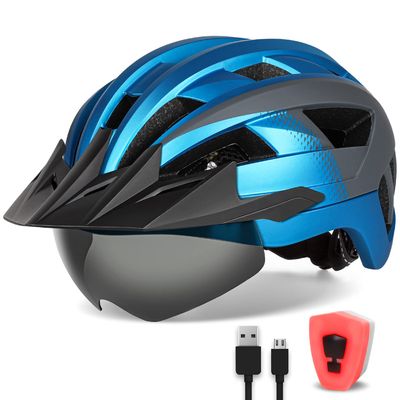 FUNWICT Adult Bike Helmet with Visor and Goggles for Men Women Mountain Road Bicycle Helmet Rechargeable Rear Light Cycling Helmet (L: 57-61 cm (22.4-24 inches), Blue Grey)