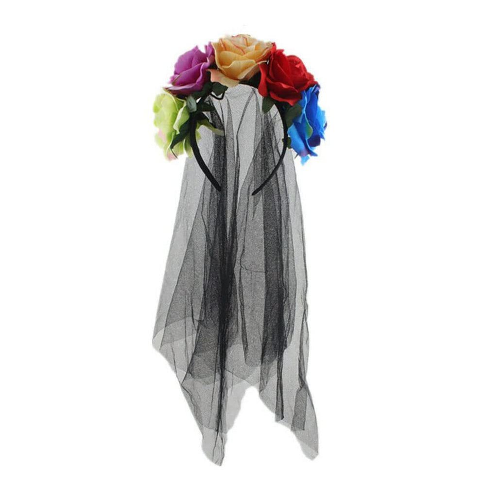 Day of The Dead Veil Headbands Black Halloween Rose Flower Headpiece Costume