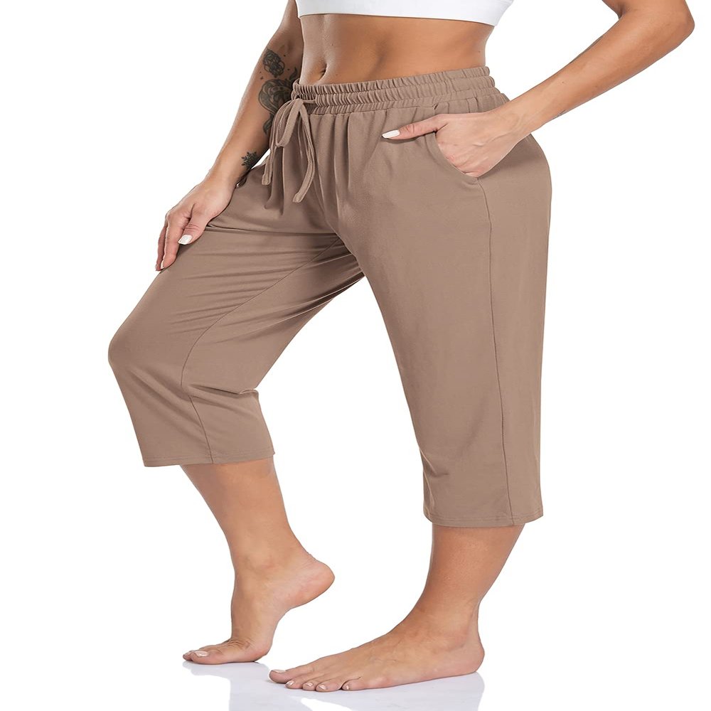 TARSE Womens Capri Yoga Pants Petite Loose Drawstring Capris Workout Sweatpants Casual Summer Soft Lounge PJ Crop Pants (Brown Tan,S)