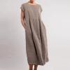 5665 Beige Women Summer Cotton Linen Dress Sleeveless Crew Neck Loose Baggy Kaftan Long Dress With Pockets view 2
